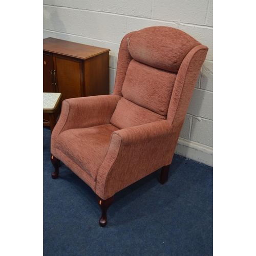 1326 - A HSL PINK UPHOLSTERED WING BACK ARMCHAIR, mahogany two door cabinet, wrought iron standard lamp and... 