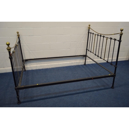 1332 - A VICTORIAN CAST IRON AND BRASS BED FRAME, width 150cm x length 209cm