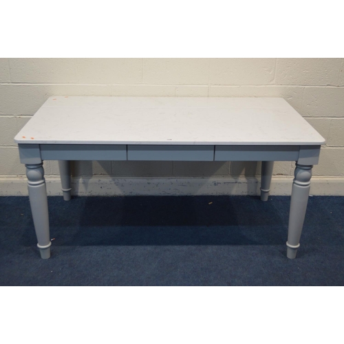 1338 - A WHITE MARBLE TOPPED AND GREY PAINTED KITCHEN TABLE, with a single drawer, length 161cm x depth 91c... 