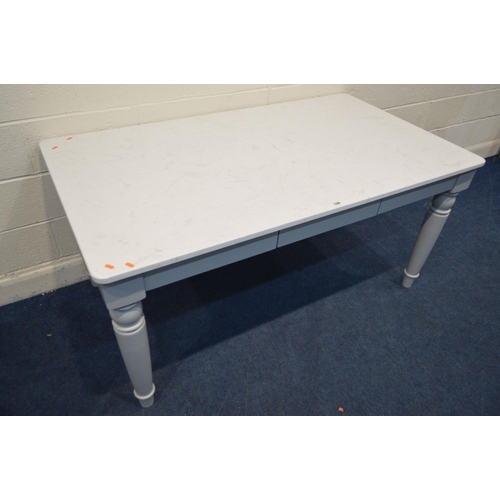 1338 - A WHITE MARBLE TOPPED AND GREY PAINTED KITCHEN TABLE, with a single drawer, length 161cm x depth 91c... 