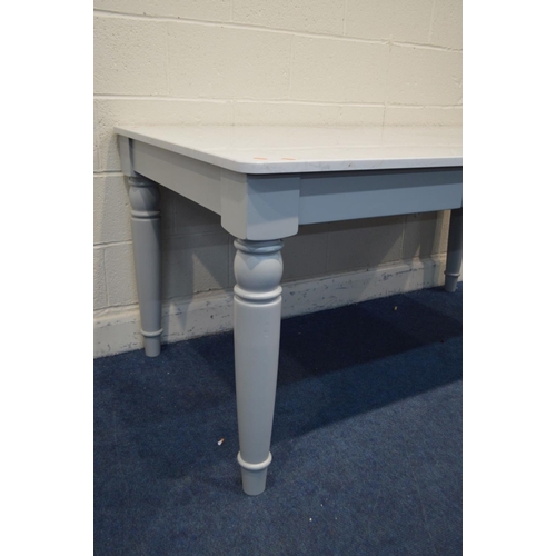 1338 - A WHITE MARBLE TOPPED AND GREY PAINTED KITCHEN TABLE, with a single drawer, length 161cm x depth 91c... 