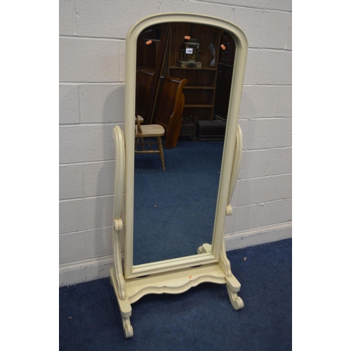 1340 - A CREAM PAINTED LATE VICTORIAN STYLE CHEVAL MIRROR, width 73cm x depth 56cm x height 166cm