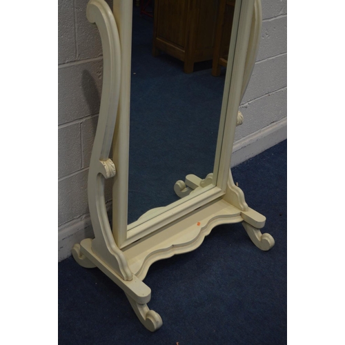 1340 - A CREAM PAINTED LATE VICTORIAN STYLE CHEVAL MIRROR, width 73cm x depth 56cm x height 166cm