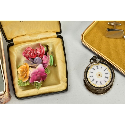 135 - A SELECTION OF ITEMS, to include a ladies open faced pocket watch, white dial with gold and silver d... 