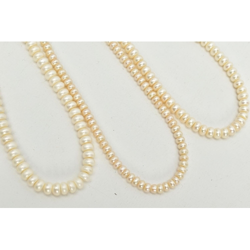 136 - THREE SETS OF CULTURED PEARL NECKLACES, the first with a strand of button pearls, fitted with a yell... 