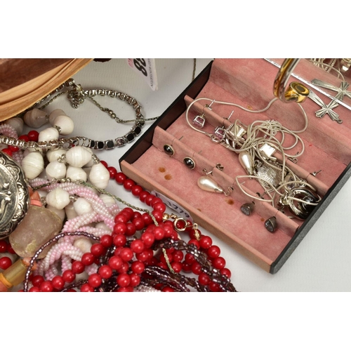 138 - A BASKET AND A BOX OF MAINLY COSTUME JEWELLERY, the wooden basket with contents of costume jewellery... 