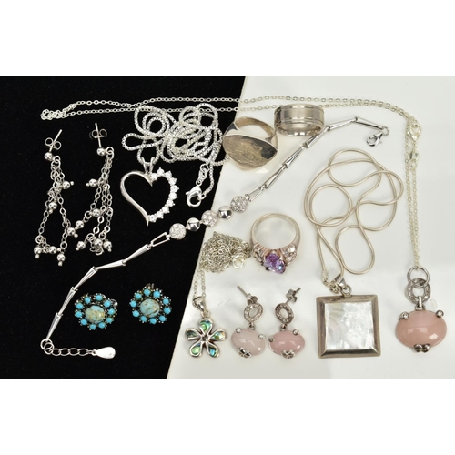 14 - A COLLECTION OF WHITE METAL ASSORTED JEWELLERY ITEMS to include a pair of turquoise stud earrings, a... 