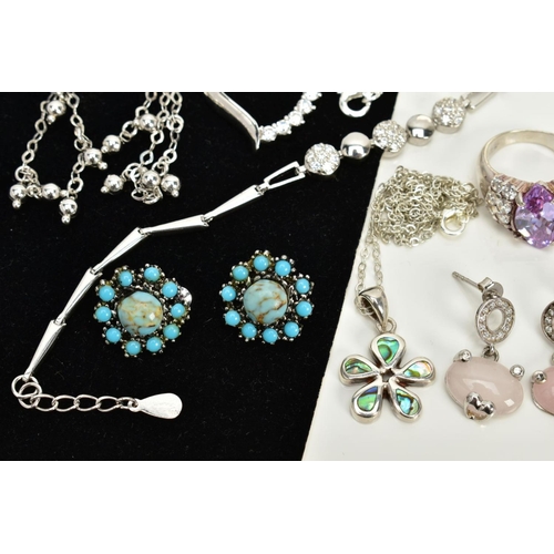 14 - A COLLECTION OF WHITE METAL ASSORTED JEWELLERY ITEMS to include a pair of turquoise stud earrings, a... 