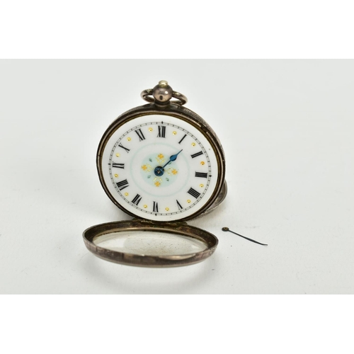 141 - A LADIES OPEN FACED POCKET WATCH, white dial with blue and gold floral detailing, Roman numerals, bl... 