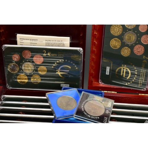 150 - SIX WOODEN CASES HOUSING TWELVE COMMEMORATIVE SETS OF EURO COINS each with different dates to includ... 