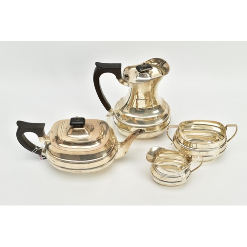 151 - A SILVER FOUR PIECE TEA AND COFFEE SET, comprising teapot of  baluster form, hinged domed oval cover... 