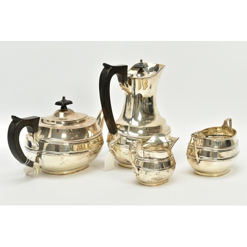 151 - A SILVER FOUR PIECE TEA AND COFFEE SET, comprising teapot of  baluster form, hinged domed oval cover... 