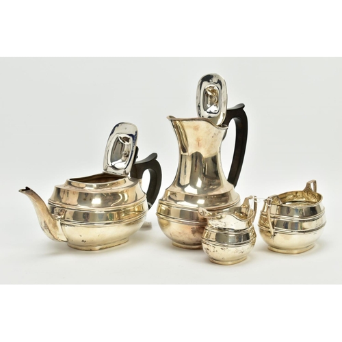 151 - A SILVER FOUR PIECE TEA AND COFFEE SET, comprising teapot of  baluster form, hinged domed oval cover... 