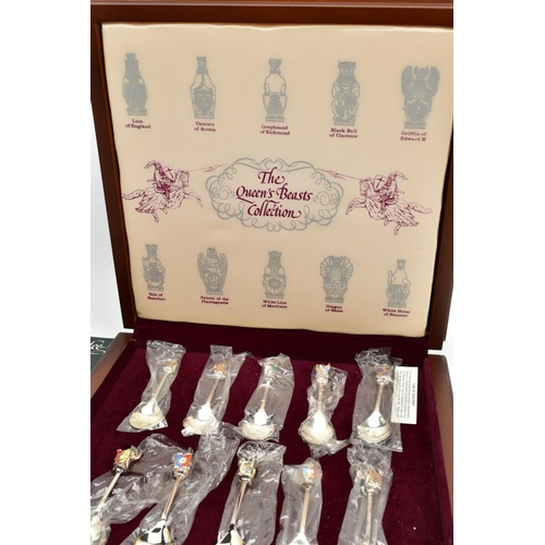 156 - A CASED SET OF TEN COMMEMORATIVE 'QUEENS BEASTS' SPOONS, case number 1384 of 2500, each silver and e... 