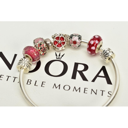 160 - A MODERN PANDORA BANGLE, together with assorted charms, enamelled, glass floral designs in predomina... 