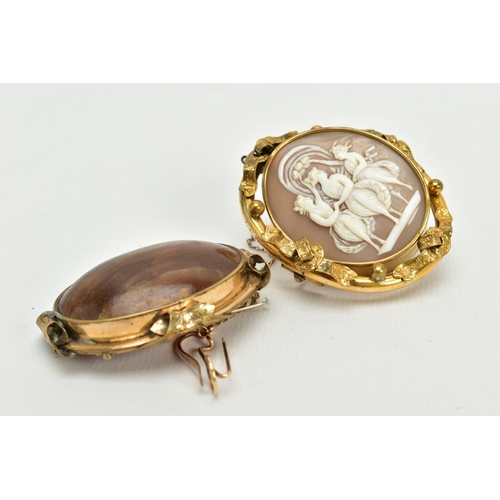 169 - TWO YELLOW METAL BROOCHES, to include a cameo swivel memorial brooch, the cameo depicting the three ... 