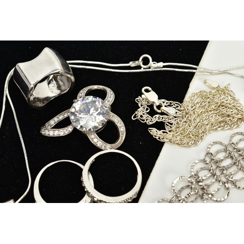 17 - A COLLECTION OF WHITE METAL ASSORTED JEWELLERY ITEMS, to include a mother of pearl pendant, a cubix ... 