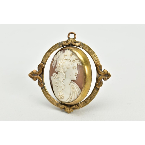 170 - A YELLOW METAL SWIVEL MEMORIAL CAMEO PENDANT, the oval cameo panel depicting a lady in profile withi... 