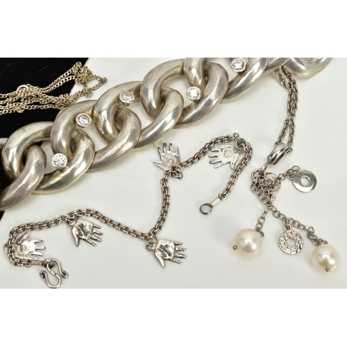 18 - A COLLECTION OF WHITE METAL ASSORTED JEWELLERY ITEMS to include a large feature curb link cubic zirc... 