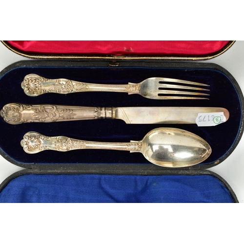 181 - TWO CASED SILVER TRAVEL CUTLERY SETS, the first a three piece Queens pattern set of knife, fork and ... 