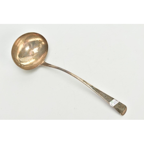 183 - A GEORGE III SILVER SOUP LADLE, of a plain polished Old English pattern with an engraved 'L' monogra... 