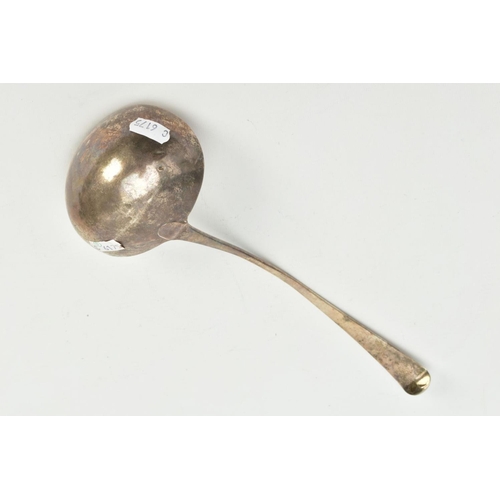 183 - A GEORGE III SILVER SOUP LADLE, of a plain polished Old English pattern with an engraved 'L' monogra... 