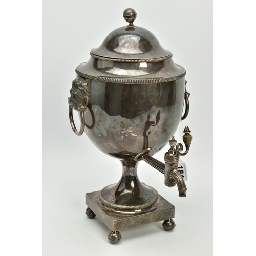 184 - AN EARLY 19TH CENTURY NEO-CLASSICAL STYLE SILVER PLATED TEA URN, domed pull off cover (ball finial l... 