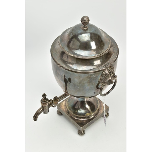 184 - AN EARLY 19TH CENTURY NEO-CLASSICAL STYLE SILVER PLATED TEA URN, domed pull off cover (ball finial l... 