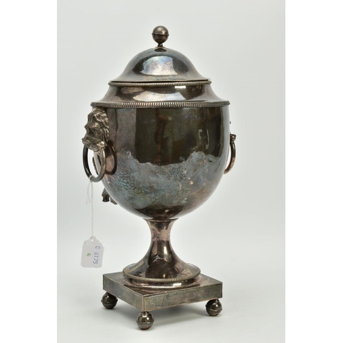 184 - AN EARLY 19TH CENTURY NEO-CLASSICAL STYLE SILVER PLATED TEA URN, domed pull off cover (ball finial l... 