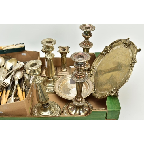 185 - A GROUP LOT OF SILVER PLATE, to include a pair of early Victorian, old Sheffield plate candlesticks ... 