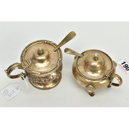 190 - VICTORIAN AND GEORGIAN SILVER MUSTARD POTS, the Victorian mustard of circular form, domed hinged cov... 