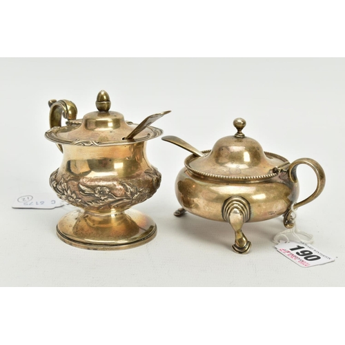 190 - VICTORIAN AND GEORGIAN SILVER MUSTARD POTS, the Victorian mustard of circular form, domed hinged cov... 