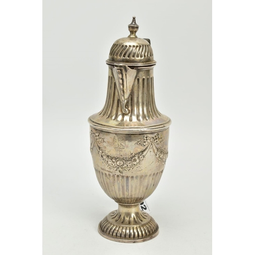 192 - A LATE VICTORIAN SILVER HOT WATER JUG, of urn form, domed cover, fluted bands throughout, the body e... 