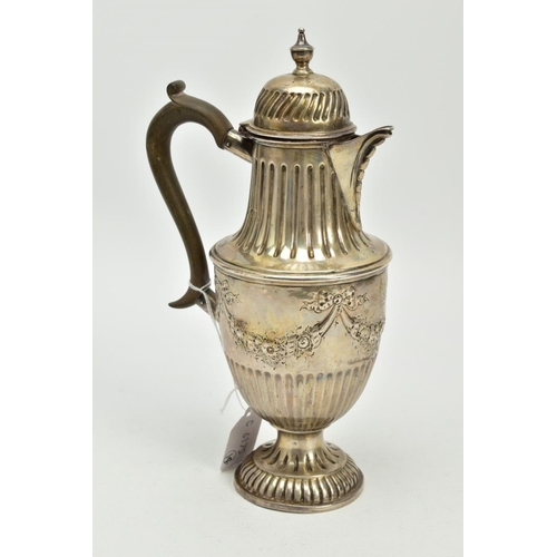 192 - A LATE VICTORIAN SILVER HOT WATER JUG, of urn form, domed cover, fluted bands throughout, the body e... 