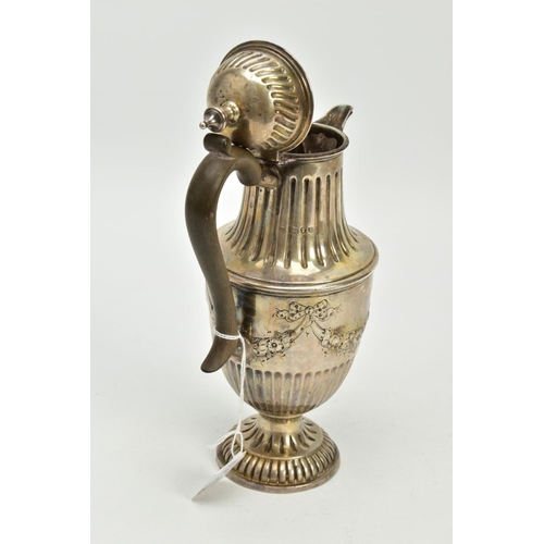 192 - A LATE VICTORIAN SILVER HOT WATER JUG, of urn form, domed cover, fluted bands throughout, the body e... 