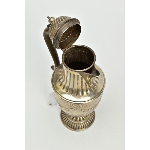 192 - A LATE VICTORIAN SILVER HOT WATER JUG, of urn form, domed cover, fluted bands throughout, the body e... 