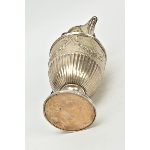 192 - A LATE VICTORIAN SILVER HOT WATER JUG, of urn form, domed cover, fluted bands throughout, the body e... 