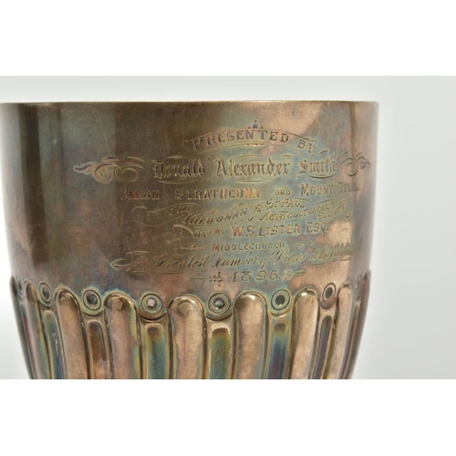 193 - A LATE VICTORIAN SILVER TROPHY CUP, the bowl with a lower band of fluted and reeded decorations, eng... 