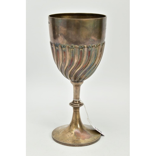 193 - A LATE VICTORIAN SILVER TROPHY CUP, the bowl with a lower band of fluted and reeded decorations, eng... 