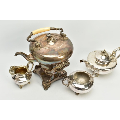 194 - A VICTORIAN SILVER PLATED TEA KETTLE ON STAND WITH A THREE PIECE TEA SET, the kettle of melon form, ... 