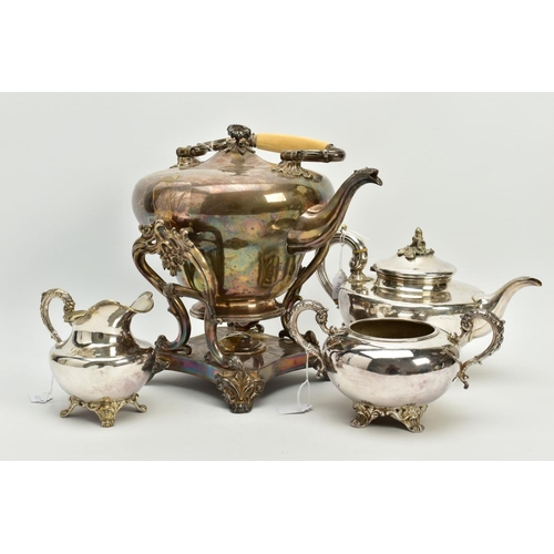 194 - A VICTORIAN SILVER PLATED TEA KETTLE ON STAND WITH A THREE PIECE TEA SET, the kettle of melon form, ... 