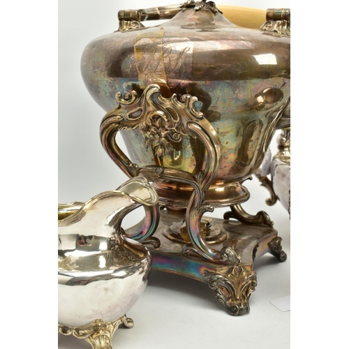 194 - A VICTORIAN SILVER PLATED TEA KETTLE ON STAND WITH A THREE PIECE TEA SET, the kettle of melon form, ... 