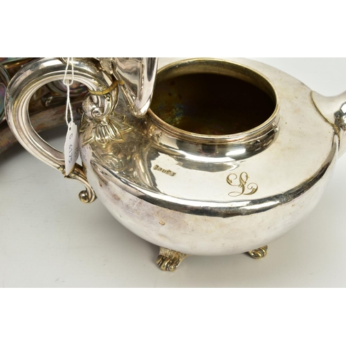 194 - A VICTORIAN SILVER PLATED TEA KETTLE ON STAND WITH A THREE PIECE TEA SET, the kettle of melon form, ... 