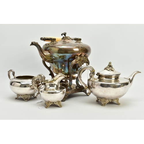 194 - A VICTORIAN SILVER PLATED TEA KETTLE ON STAND WITH A THREE PIECE TEA SET, the kettle of melon form, ... 