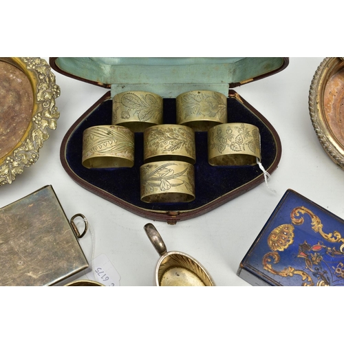 195 - A BOX OF CONTINENTAL WHITE METAL AND SILVER PLATE, including a pair of foliate embossed salts, stamp... 