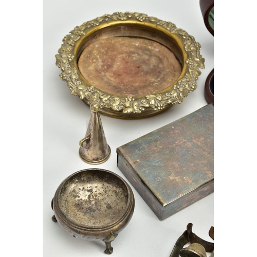 195 - A BOX OF CONTINENTAL WHITE METAL AND SILVER PLATE, including a pair of foliate embossed salts, stamp... 