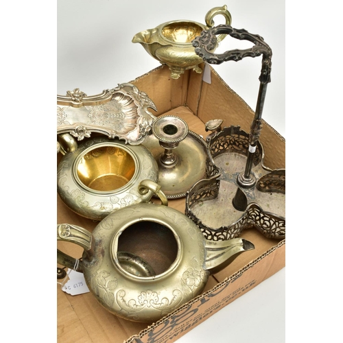 196 - A GROUP OF SILVER PLATE, to include a mid-Victorian three piece tea set including a teapot, sugar bo... 