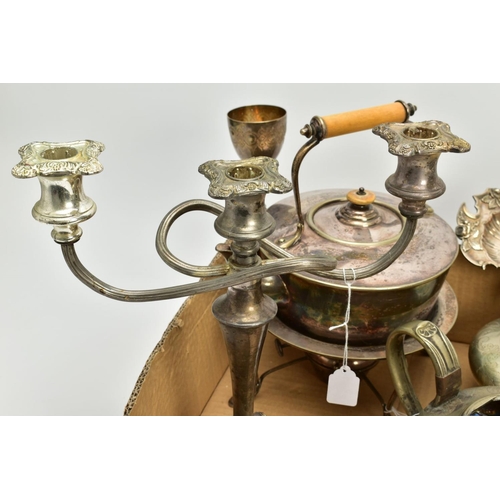 196 - A GROUP OF SILVER PLATE, to include a mid-Victorian three piece tea set including a teapot, sugar bo... 