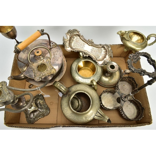 196 - A GROUP OF SILVER PLATE, to include a mid-Victorian three piece tea set including a teapot, sugar bo... 