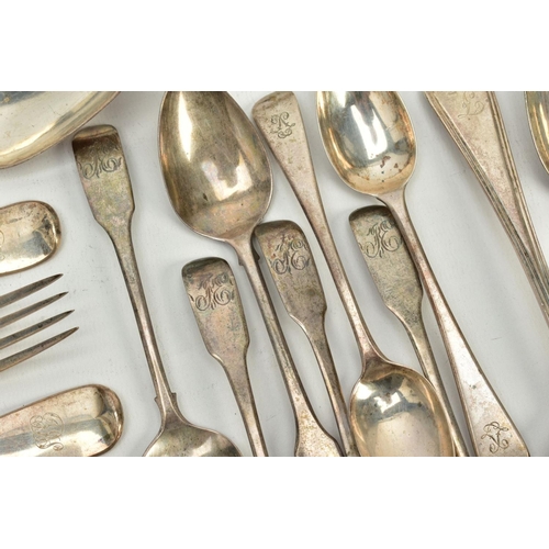 197 - A QUANTITY OF GEORGIAN AND VICTORIAN SILVER FLATWARE, to include eight Victorian fiddle dessert fork... 